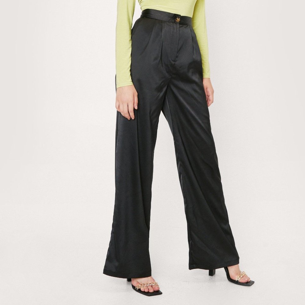 Sleek Black Satin Wide Leg Pants